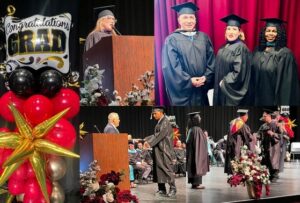 set of pictures of graduates standing and a congratulations Grad banner with balloons 